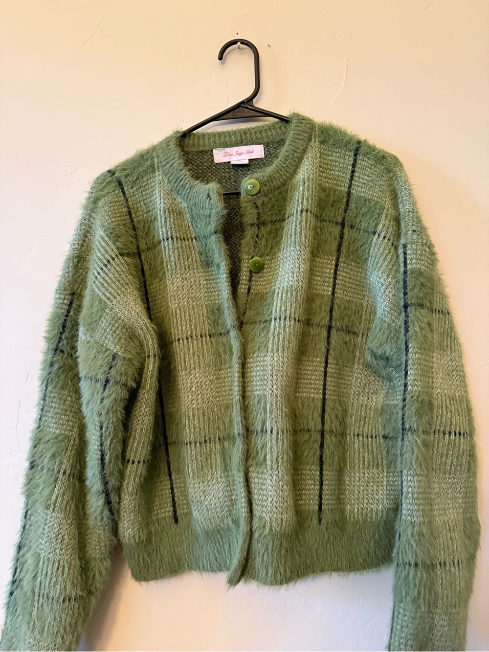 Lisa Says Gah Lauda Cardi Moss Plaid Fuzzy Green Button Cardigan Sweater